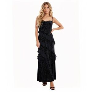 NWT Ever New Piper Velvet Ruffle Maxi Dress 6 Black Sleeveless Gown Formal Party
